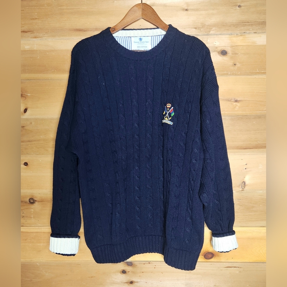 English Sport Bermuda Cable Knit Navy Sweater Mens L Crewneck Relaxed Fit Preppy